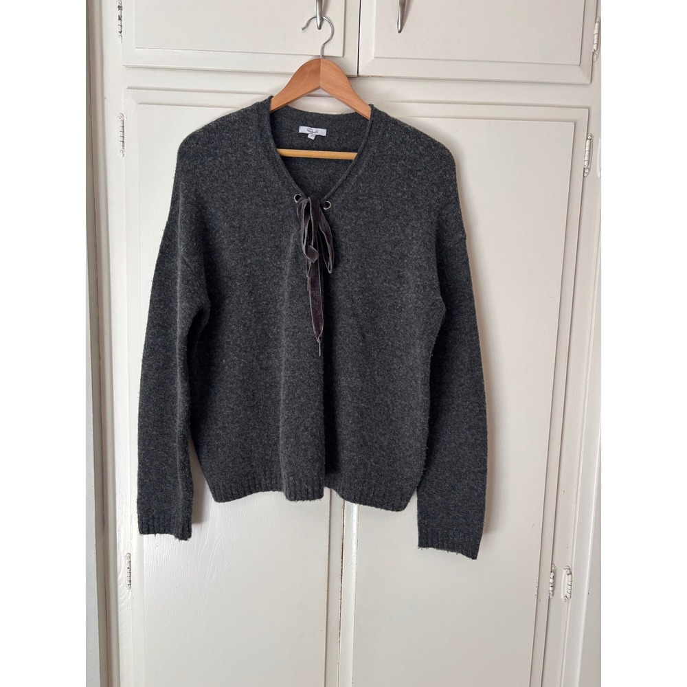 Rails Wool Cashmere Lace Up Velvet Tie Sweater Charcoal Gray Oversized Size S